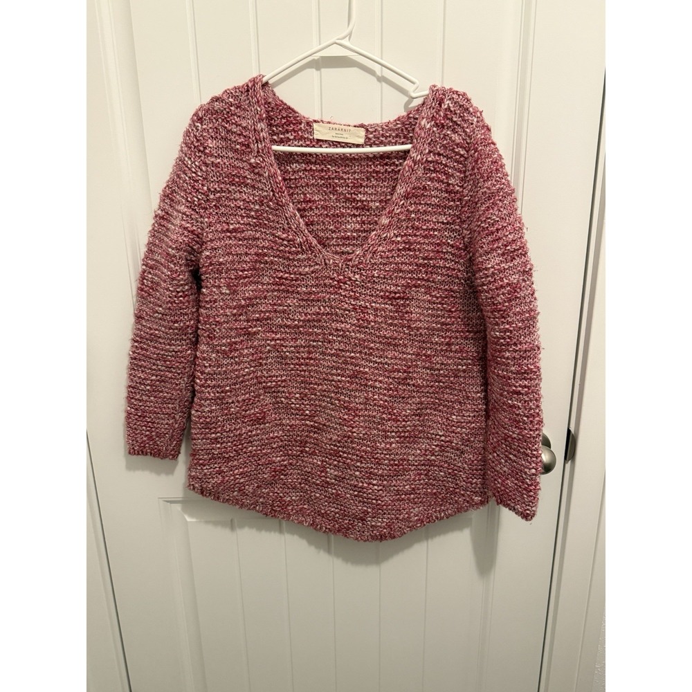 Zara Knit Womens Pink White Marled Chunky V-Neck Sweater Size M Relaxed Fit